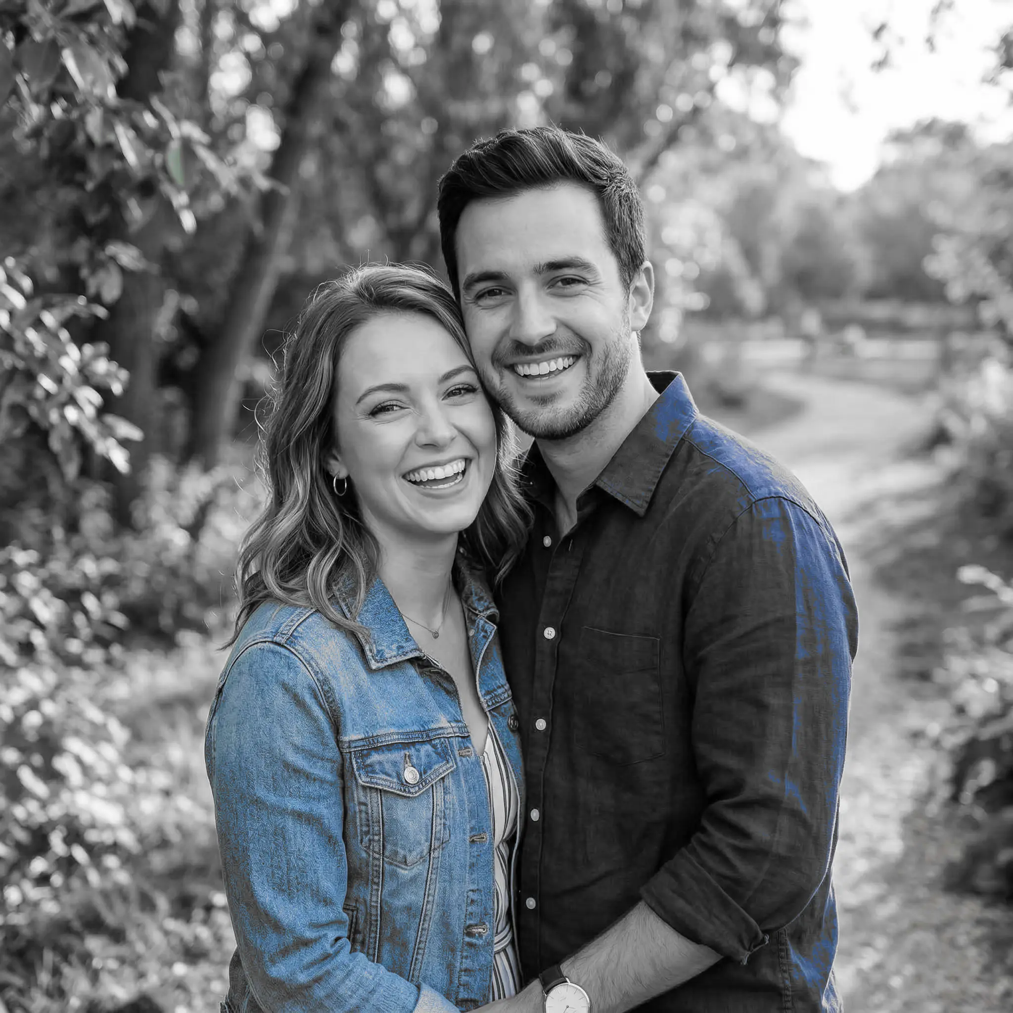 Couple portrait with blue denim and blue shirt preserved in a selective color effect