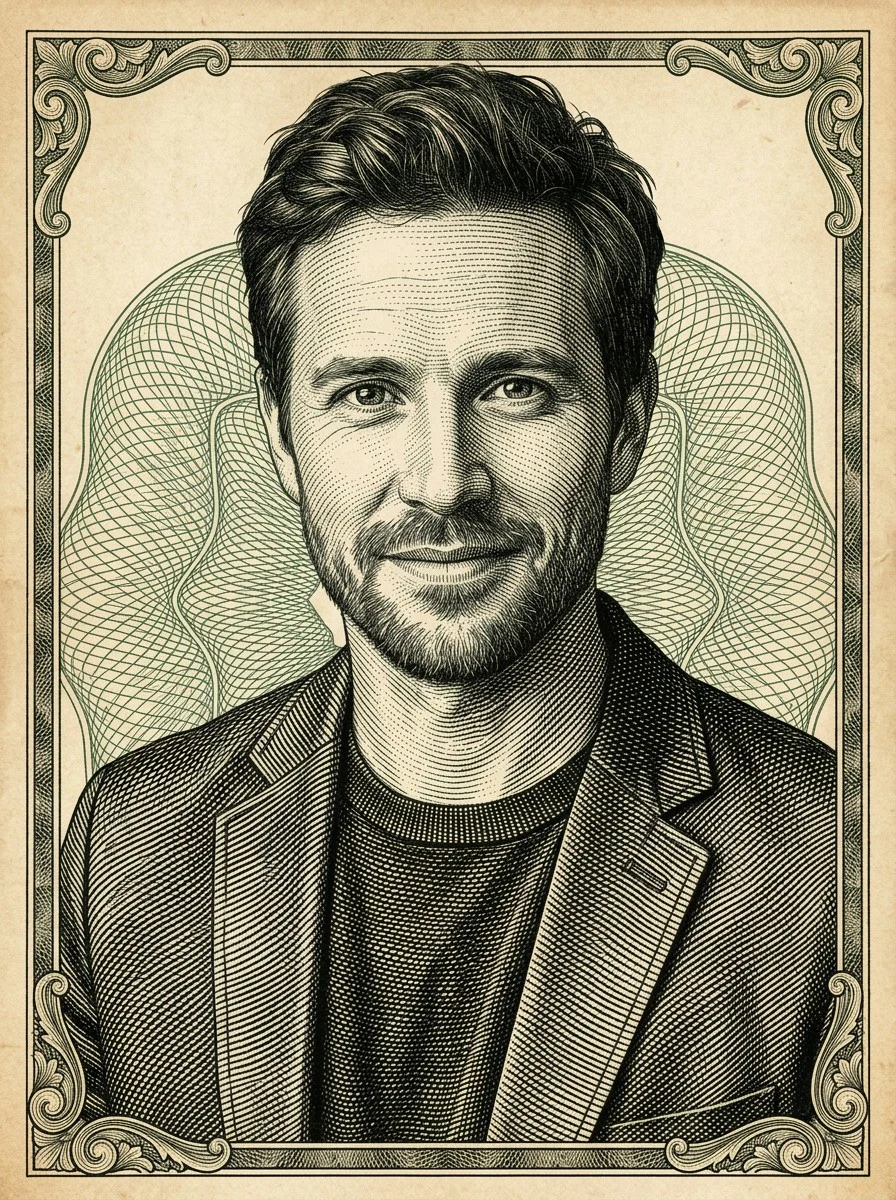 Portrait transformed into dollar engraving style line art