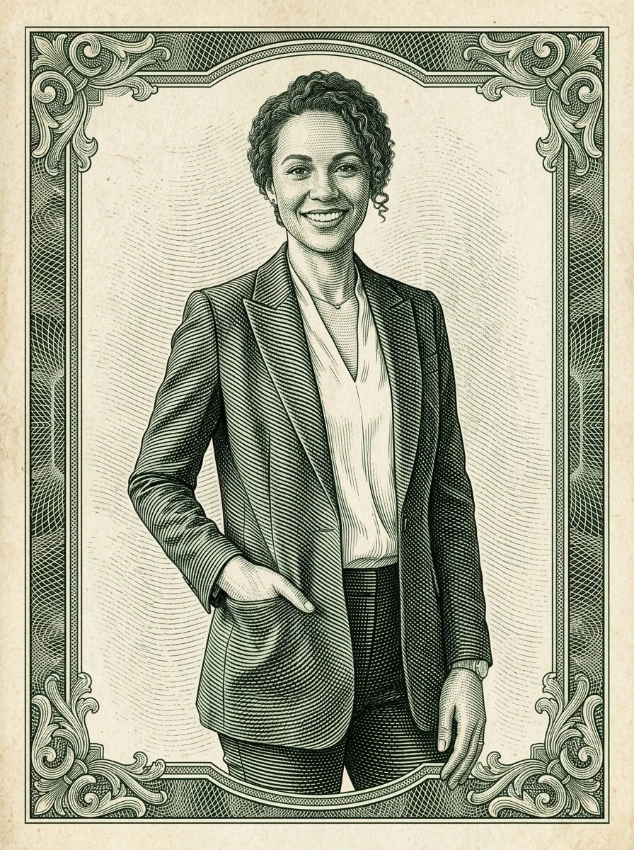 Founder portrait transformed into ornate dollar engraving style art