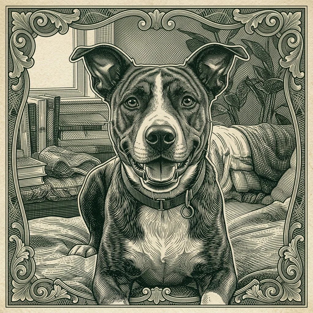 Pet photo transformed into dollar engraving style pet art