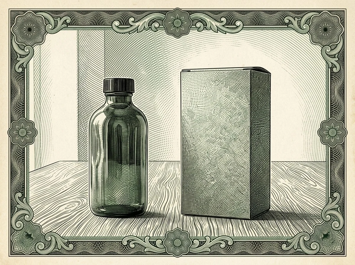 Product image transformed into dollar engraving style label art