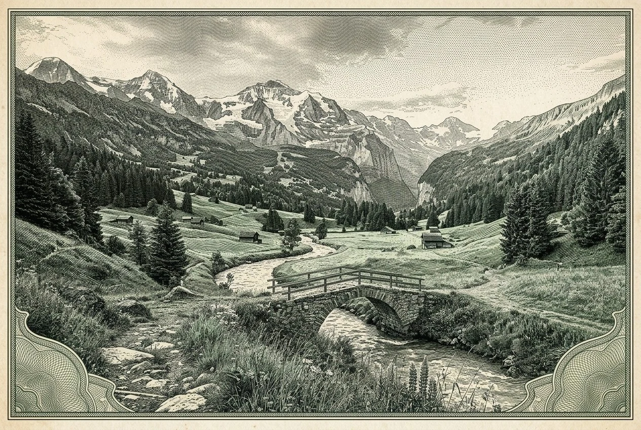 Travel photo transformed into dollar engraving style scenic poster