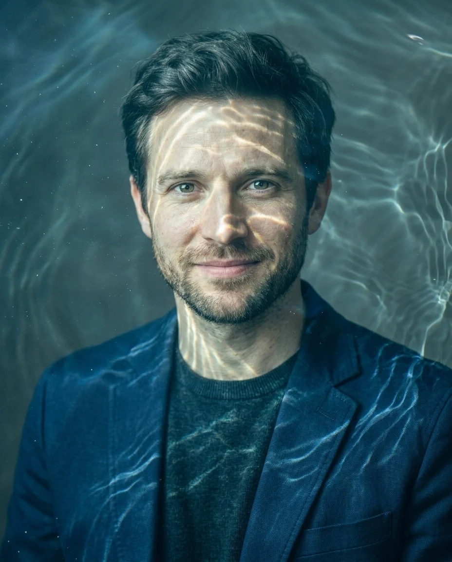 Studio portrait transformed with clear through-the-water ripples and caustic light