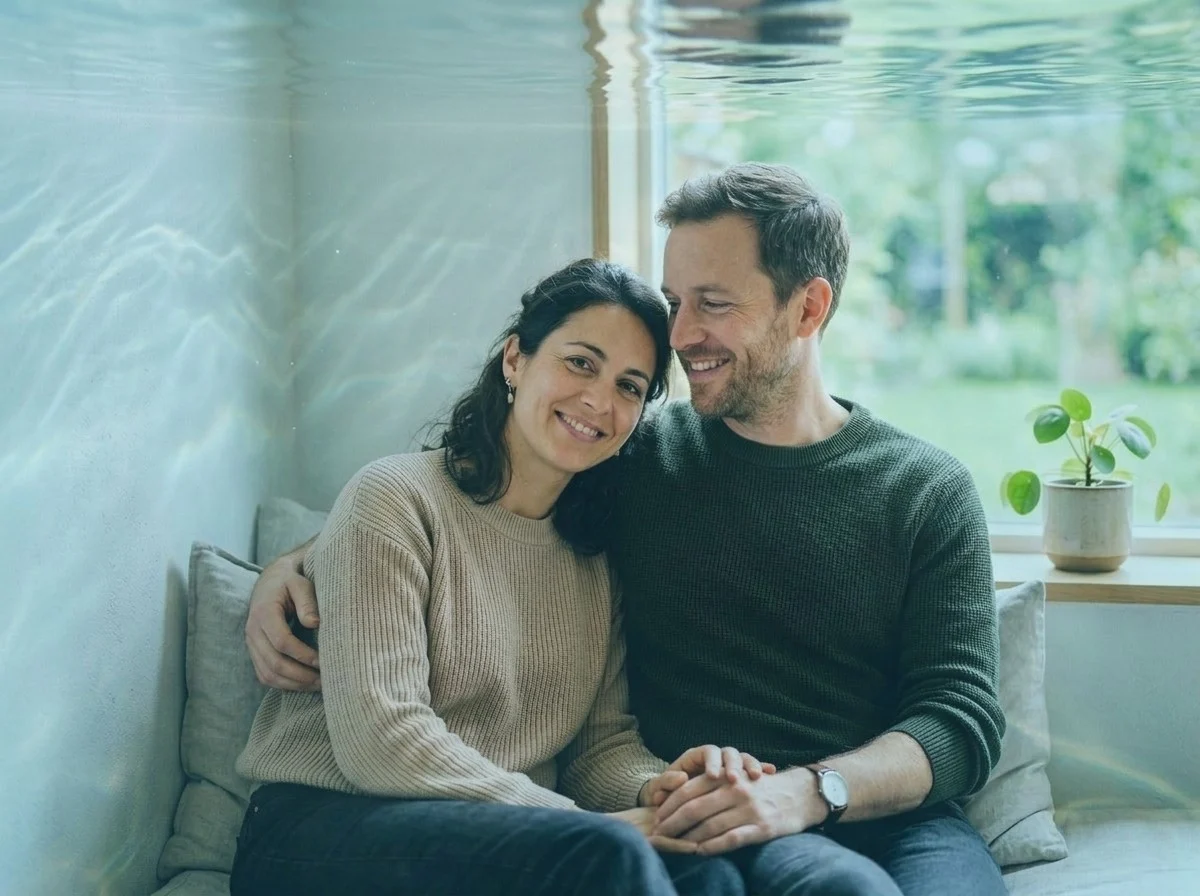 Couple portrait transformed with soft dreamy through-water shimmer
