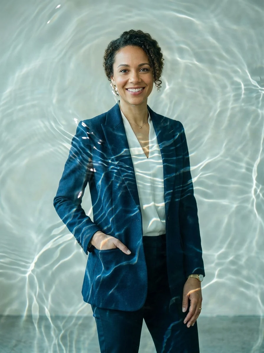 Editorial portrait transformed with sharp glass-water refraction