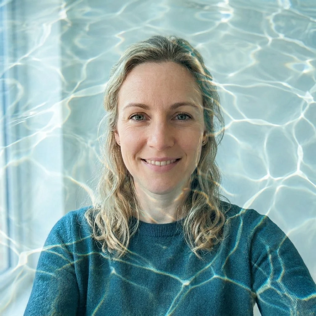 Creator selfie transformed with clear pool-surface ripples and through-water caustics