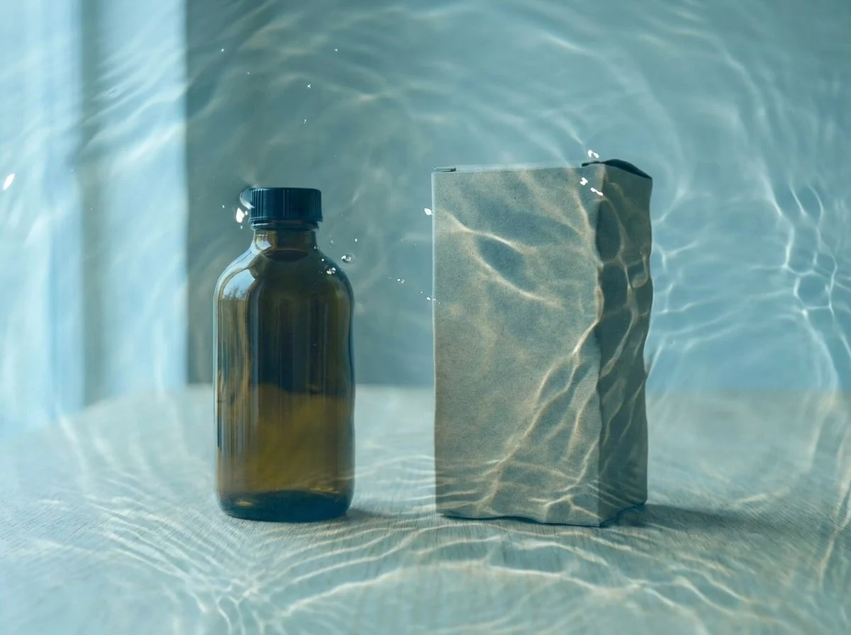 Product photo transformed with polished water-glass refraction