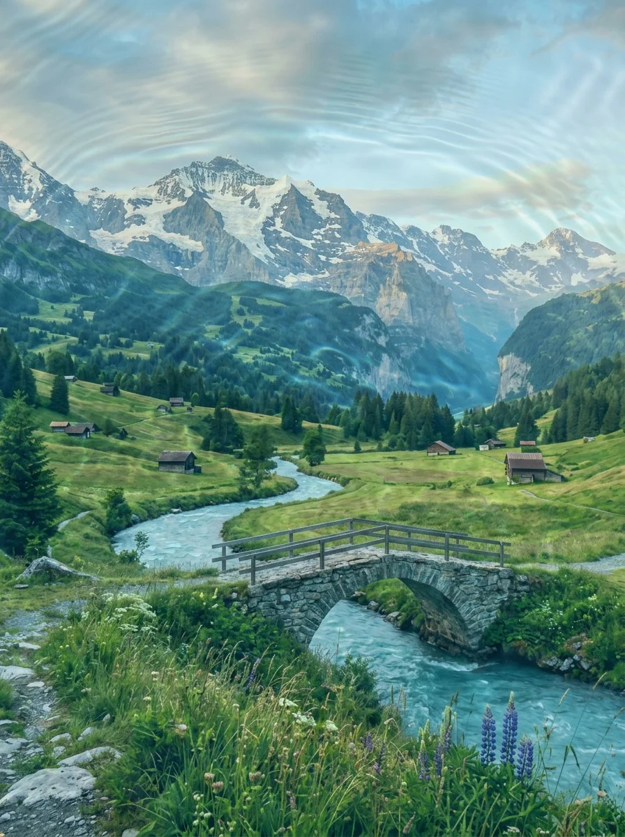 Travel landscape transformed with shallow-water caustics and blue-green shimmer