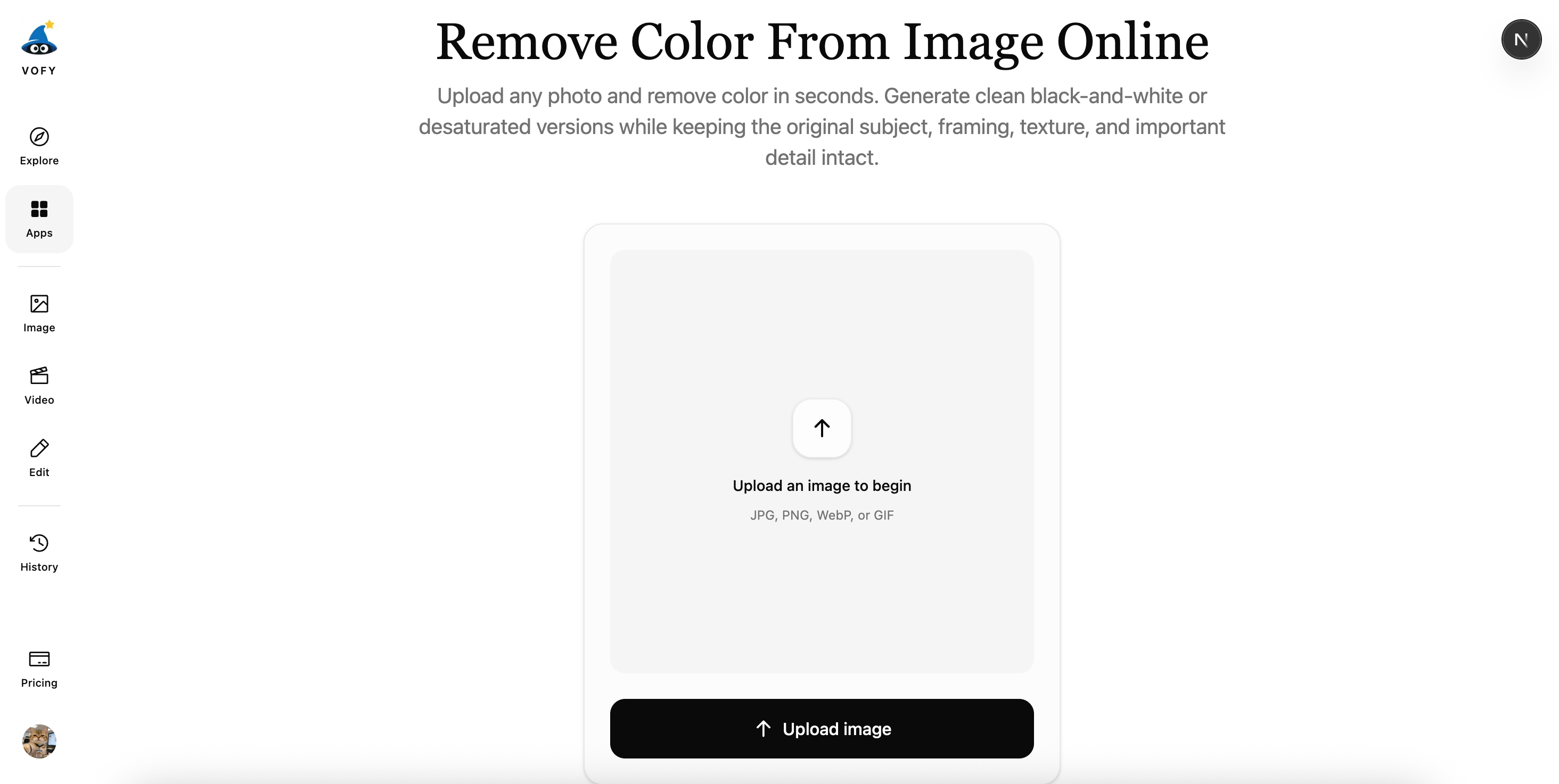 Remove color from image tool interface